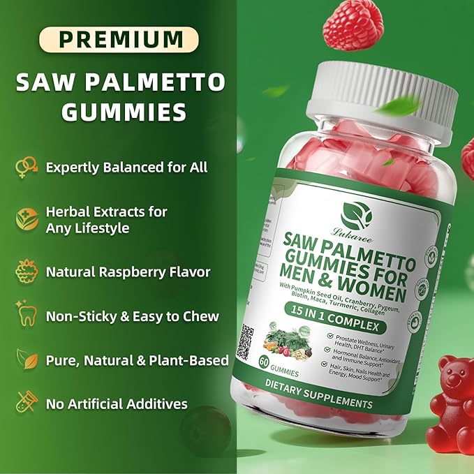 Lukaree Saw Palmetto for Men & Women, 15 in 1 Saw Palmetto Extract Gummies with Pumpkin Seed Oil, Prostate Health Supplements for Men, Advanced DHT Blocker, Hair & Urinary Health Support, 60 CT