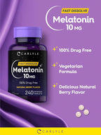 Carlyle Melatonin 10mg Fast Dissolve Tablets | 240 Count | Berry Flavor | 100% Drug Free | Vegetarian, Non-GMO, Gluten Free Supplement