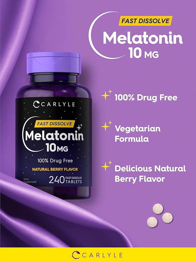 Carlyle Melatonin 10mg Fast Dissolve Tablets | 240 Count | Berry Flavor | 100% Drug Free | Vegetarian, Non-GMO, Gluten Free Supplement