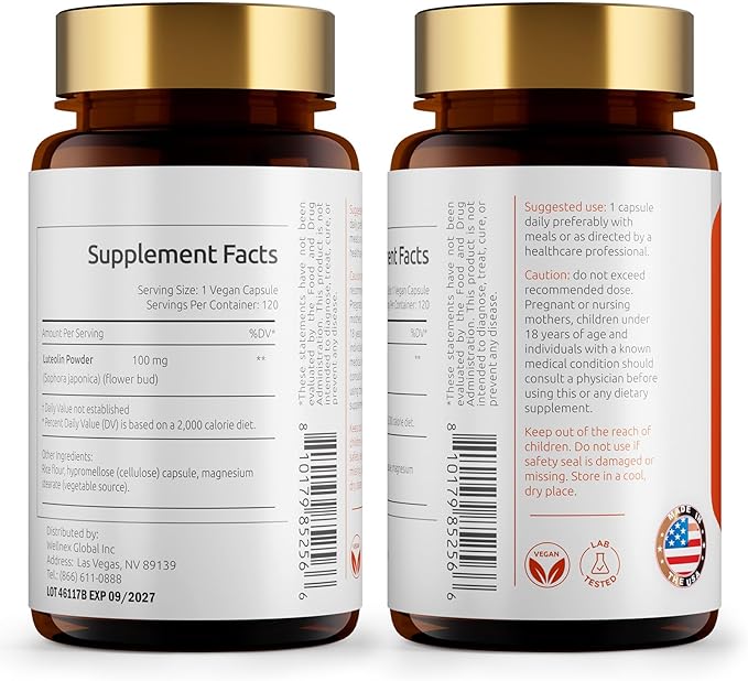 Luteolin Supplement 100mg, Flavonoids Supplements for Brain Health Support, Non-GMO, Gluten Free,Made in USA, 120 Vegan Capsules