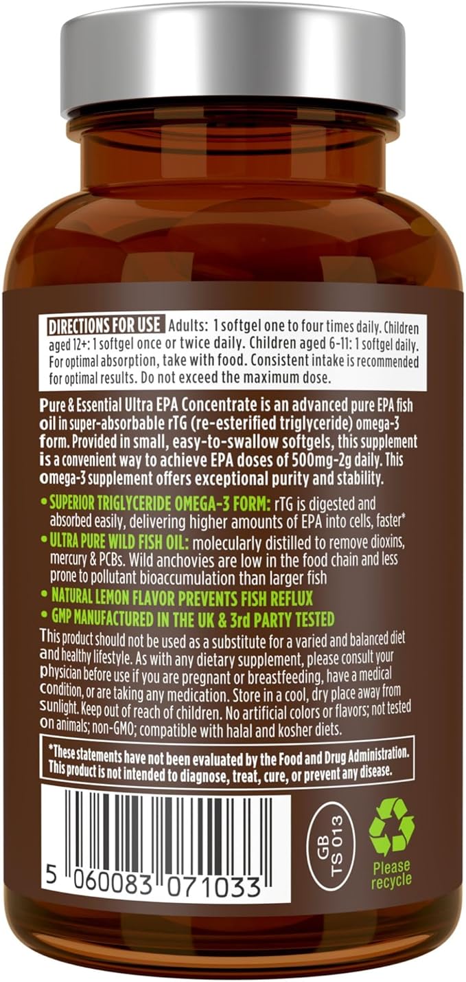 Igennus Ultra Pure Omega-3 EPA 500mg, Highly Concentrated IFOS Certified Wild Fish Oil, Advanced rTG Triglyceride Form, Non-GMO, 90 Small Softgels