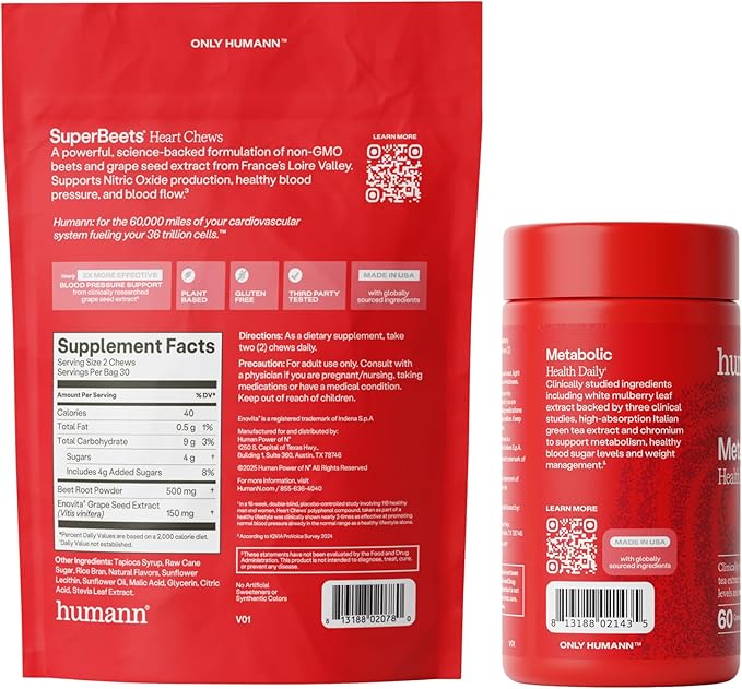 Humann SuperBeets Heart Chews & Metabolic Health Daily Bundle, Blood Pressure and Metabolic Balance Supplements, 120ct