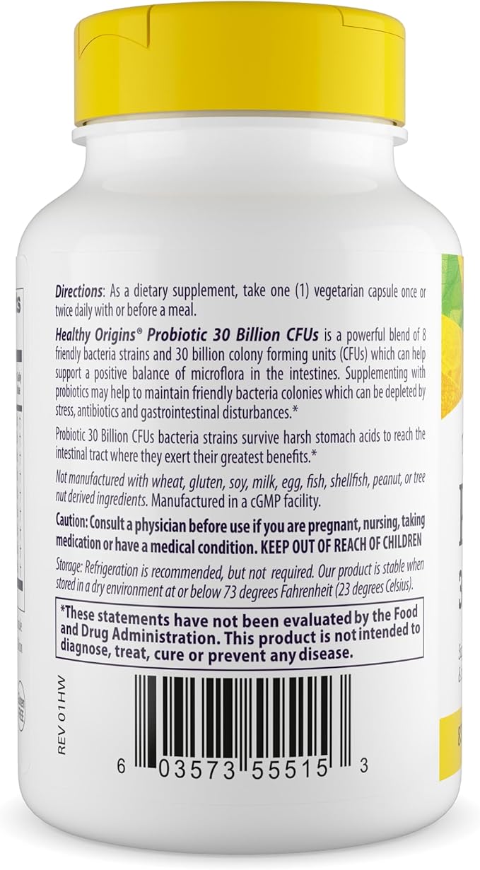 Healthy Origins Probiotic 30 Billion CFUs, 60 Veggie Capsules - 8 Clinically Studied Strains Including Lactobacillus & Bifidobacterium - Supports Microbiome, Gut & Immune Health- 2 Month Supply