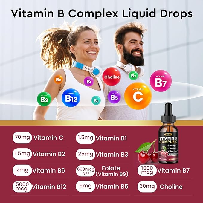 CFILIHTC (2 Pack) Vitamin B Complex Liquid Drops, B Vitamins Complex Supplement with B1, B2, B3, B5 B6, B7, B9 & Methyl B12 Drops for Adults & Kids, Vegan, Cherry Flavor