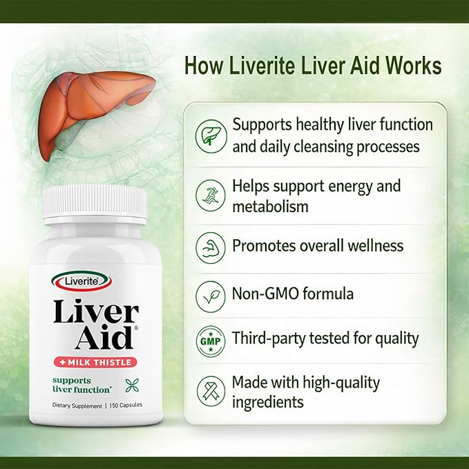 LIVERITE Liver Aid with Milk Thistle 60 Capsules, Supports Healthy Liver Function, Cleansing, Energy & Daily Wellness