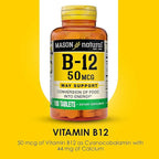 Mason Natural Vitamin B12 50 mcg with Calcium, 100,Day Supply, Dietary Supplement to Support Natural Energy Levels, 100 Tablets (Pack of 1)