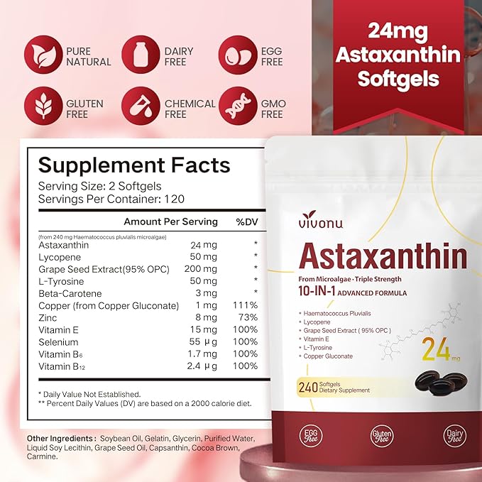 VivoNu Astaxanthin 24mg – Powerful Antioxidant Support for Skin, Eyes & Immune System – 10-in-1 Formula with Lycopene, Grape Seed, Vitamin E & Zinc – Triple Strength, 240 Softgels
