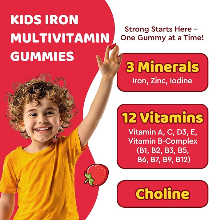 Iron Supplement Gummies for Kids, Kids Multivitamin with Iron Gummies - Zinc, Vitamin B Complex, A, C, D3, B12, Folate for Blood Builder & Energy Support, Iron Deficiency, Vegan Strawberry 60 Gummies
