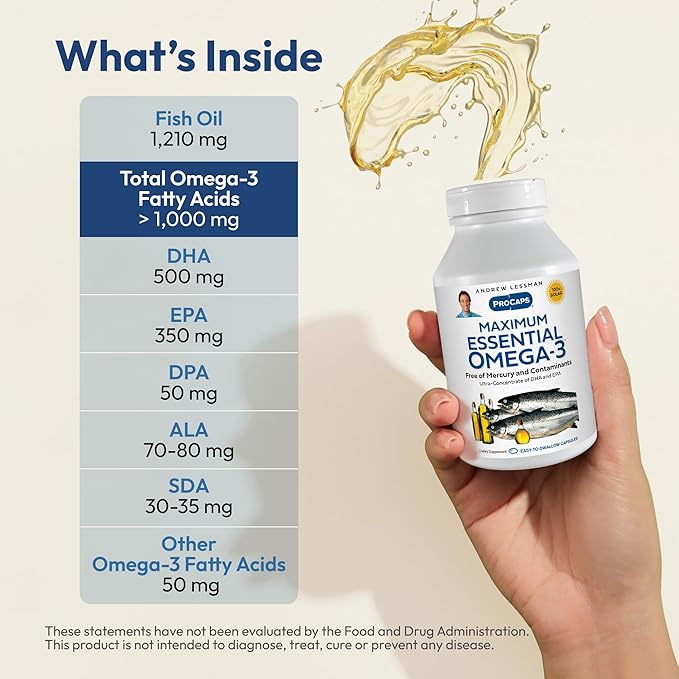 ANDREW LESSMAN Maximum Essential Omega-3 Unflavored, 30 Softgels - Ultra-Pure Omega-3 Fish Oil 1200 mg-High DHA, No Mercury Supplement-Small, Easy to Swallow Fish Oil Capsules
