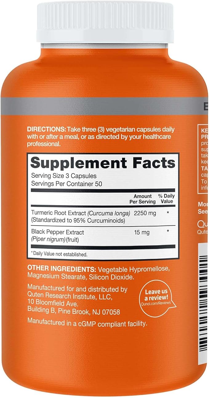 Qunol Turmeric Curcumin with Black Pepper, 2250mg Turmeric Extract with 95% Curcuminoids, Extra Strength Turmeric Supplement, Enhanced Absorption, Joint Support Supplement, 150 Vegetarian Capsules