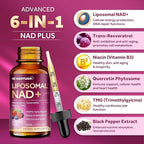 Liposomal NAD Supplement - 1200mg NAD+ Liquid Drops for Women & Men with Nicotinamide, Resveratrol, Quercetin, TMG, Black Pepper Extract - Brain & Cellular Mitochondrial Health, Anti-Aging, Longevity