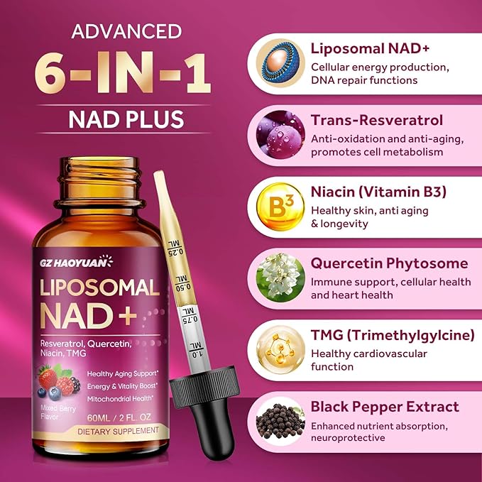 Liposomal NAD Supplement - 1200mg NAD+ Liquid Drops for Women with Nicotinamide, Resveratrol, Quercetin, TMG, Black Pepper Extract - Brain & Cellular Mitochondrial Health,Anti-Aging,Longevity，4 Fl Oz