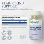 SOLARAY Monolaurin 500mg from Natural Coconut - Monolaurin Supplement for Powerful Nutritive Support - 60-Day Money Back Guarantee, Lab Verified - 60 Servings, 60 VegCaps