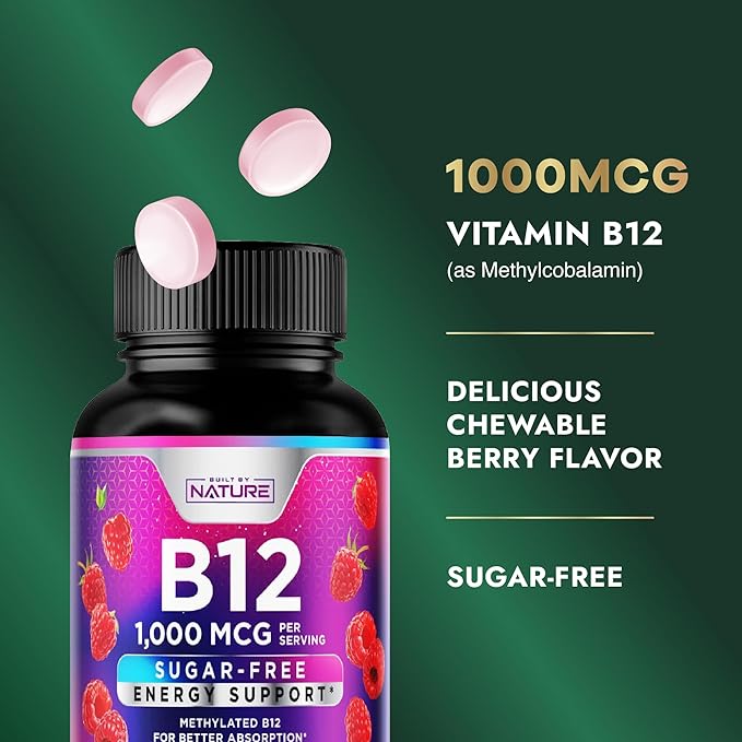 Built by Nature Vitamin B12 1000 mcg Methylcobalamin – Fast Dissolve Sublingual Tablets for Energy & Nervous System Support - Berry Flavor – 120 Chewable Tablets (4 Month Supply)