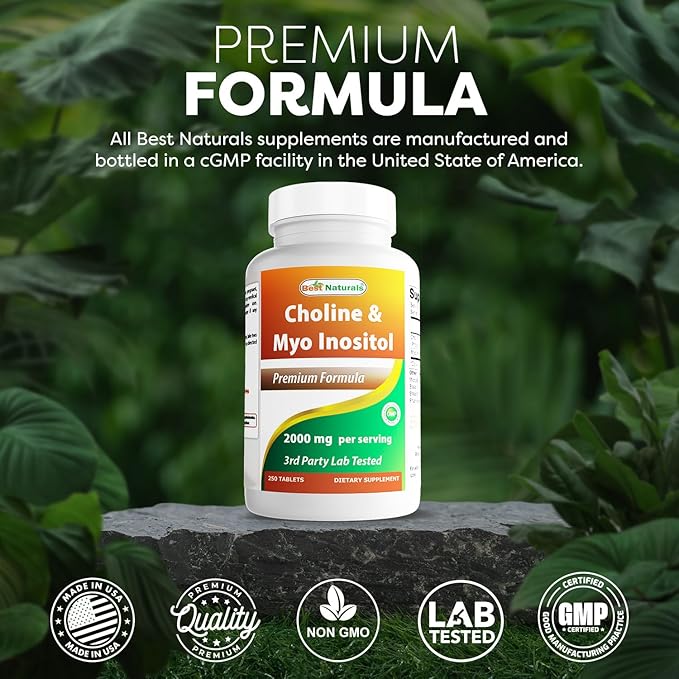 Best Naturals Choline Inositol (Myo Inositol) 2000 mg Per Serving 250 Tablets - Non-GMO, Gluten Free, Made in the USA