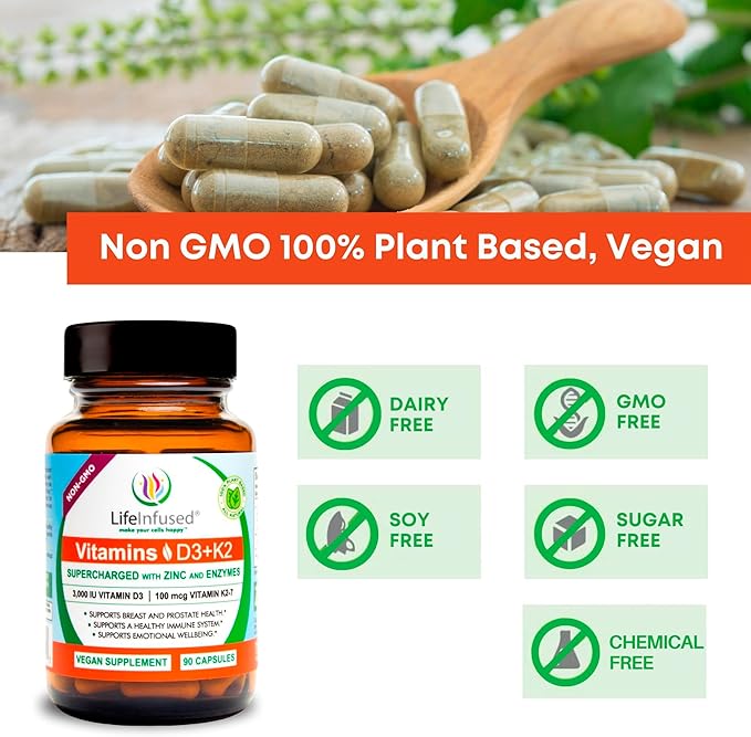 Life Infused Vitamin D3 + K2 Supplement with Zinc & Enzymes — 3000 IU D3, MK-7 K2, Immune & Bone Support, Enhanced Absorption, Non-GMO Vegan Capsules, 90 Count