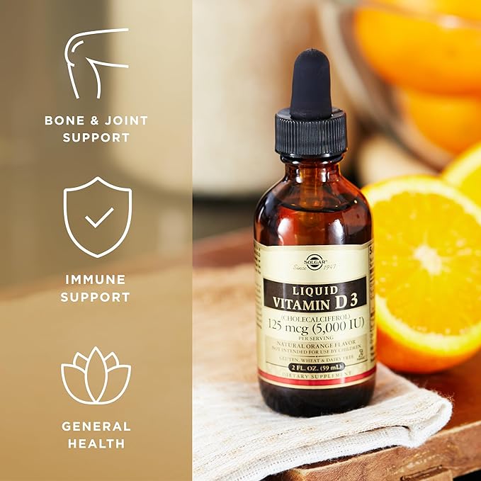 Solgar Liquid Vitamin D3 125 mcg (5,000 IU) - 2 fl oz - Delicious, Natural Orange Flavor - Helps Maintain Healthy Bones & Teeth - Immune System Support - Gluten Free, Dairy Free, Kosher - 59 Servings