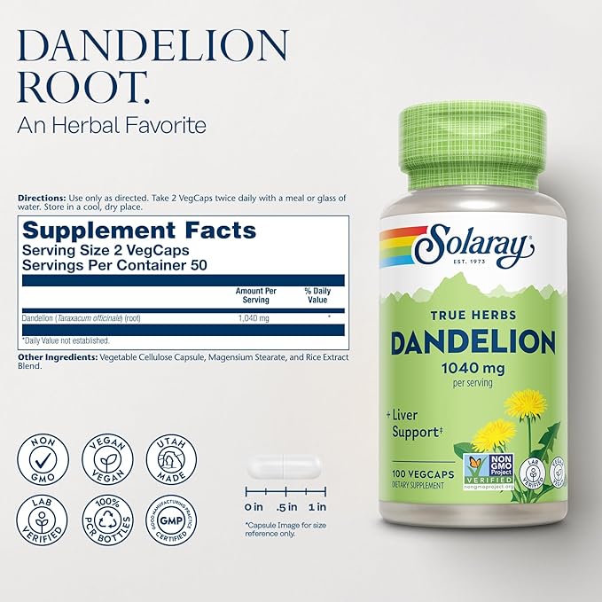 SOLARAY Dandelion Root Supplement - Healthy Kidney and Liver Support - 1,040 mg per Serving - Vegan, Lab Verified, 60-Day Guarantee - 50 Servings, 100 VegCaps