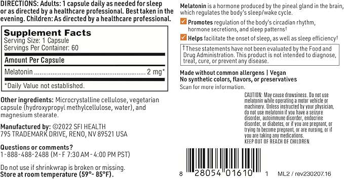 Klaire Labs SFI Health Melatonin-SR - Sustained 'Time Release' Melatonin 2mg Capsules - Sleep Support for Men & Women (60 Capsules)