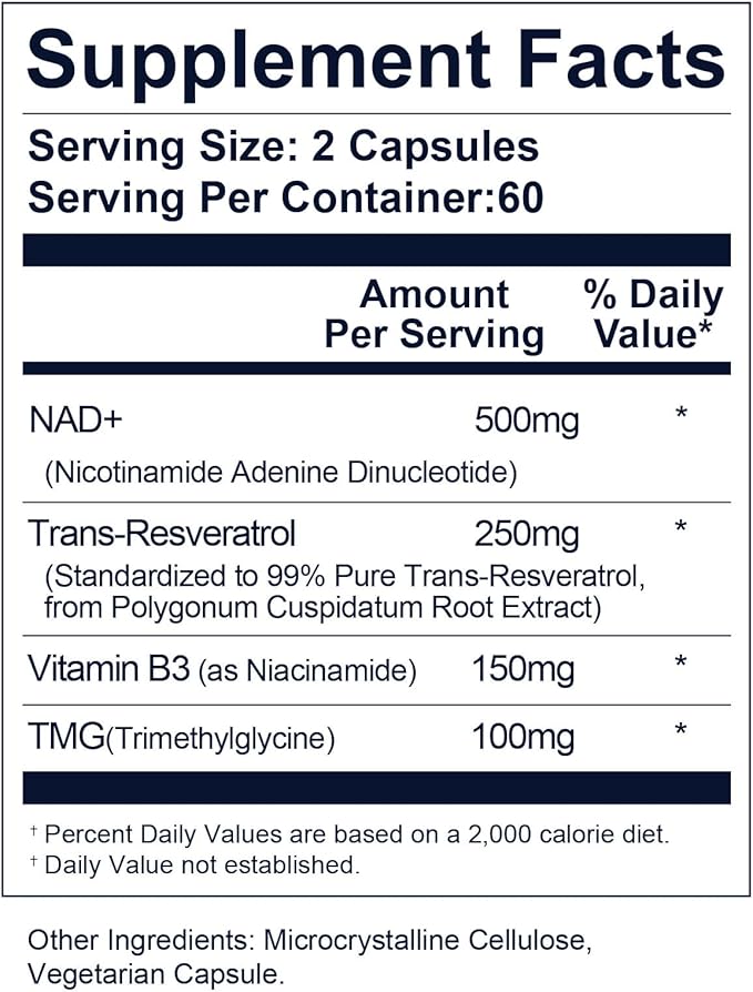 NAD+ Supplement 1000mg, Premium NAD+ & Resveratrol Complex for Energy & Anti Aging - 120 Capsules