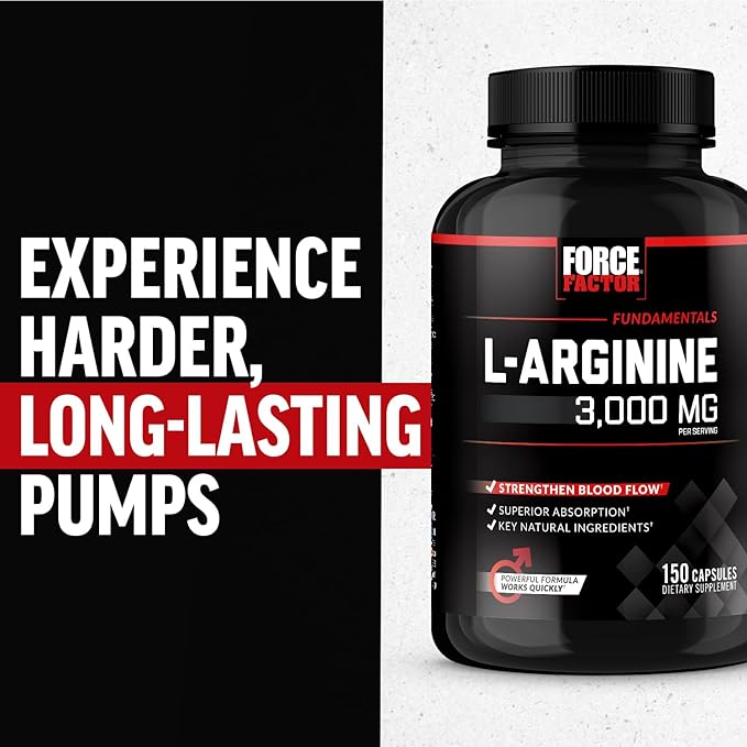 Force Factor L-Arginine,3-Pack,Nitric Oxide Supplement with BioPerine to Help Build Muscle & Support Stronger Blood Flow,Circulation,Nutrient Delivery,& Pumps,L-Arginine 3000mg,3g,450 Capsules