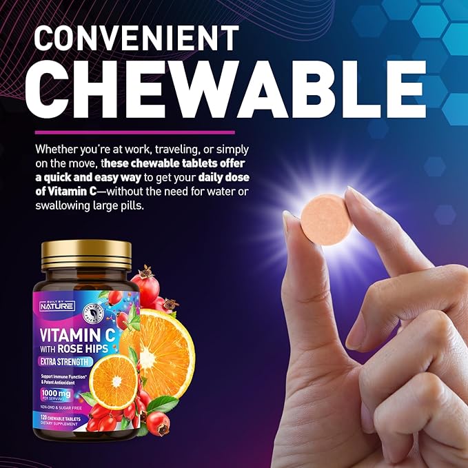 Built by Nature Chewable Vitamin C with Rose HIPS - 1000mg Immune Support Supplement - Non-GMO, Gluten-Free, Vegan - Powerful Antioxidant for Energy & Collagen Boost - Orange Flavor – 120 Tablets
