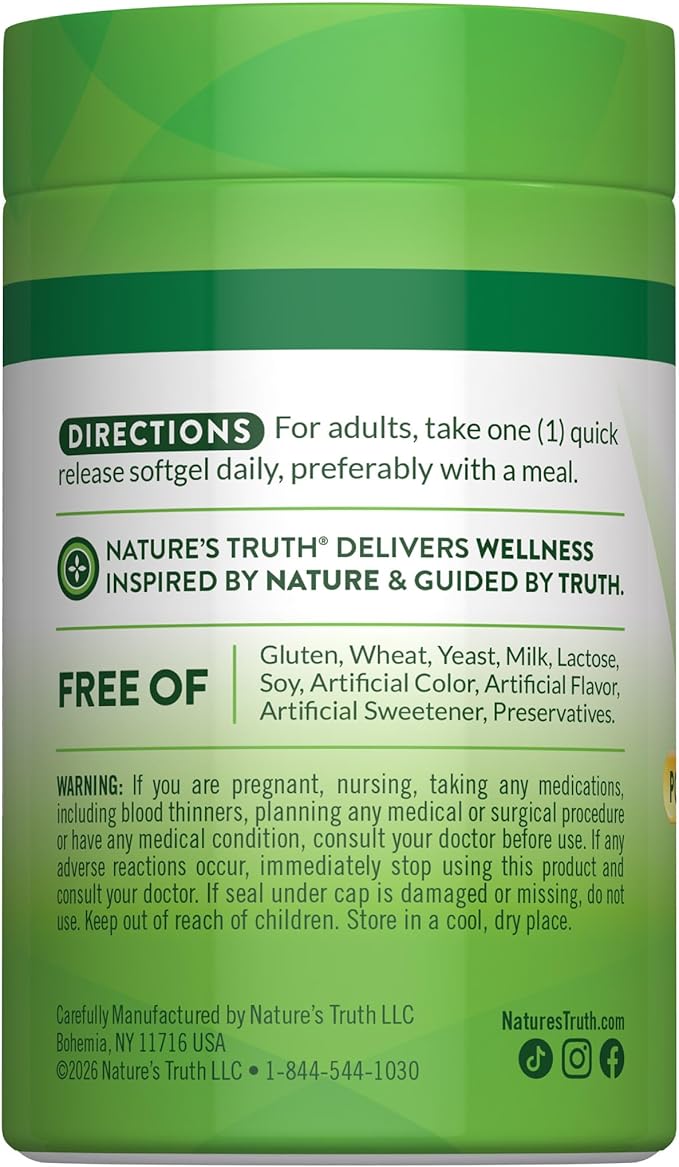 Nature's Truth Vitamin K2 MK7 Complex | 100 mcg | 50 Softgels | with D3 | Non-GMO & Gluten Free Supplement