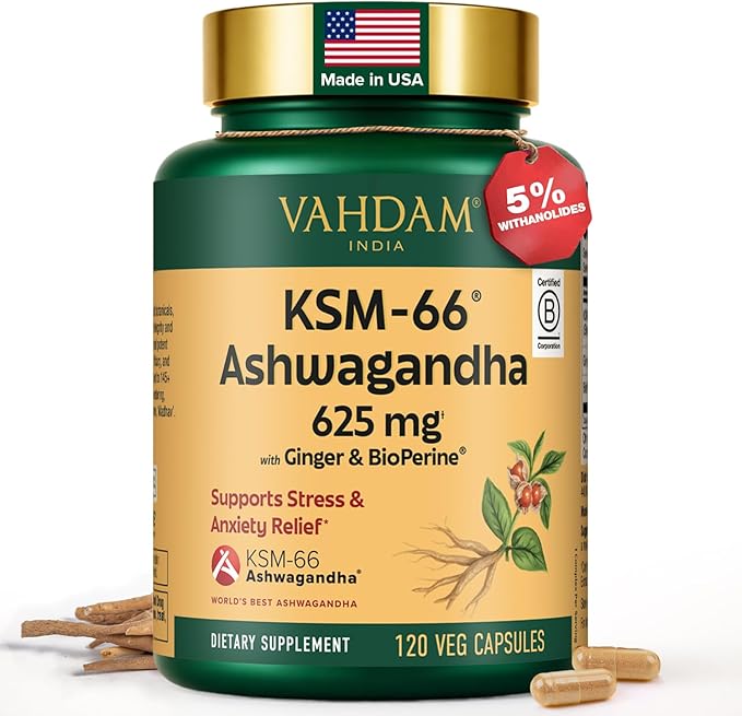 VAHDAM KSM -66 Ashwagandha 625 mg with Ginger & Piperine, Support Stress Relief (120 Capsules)