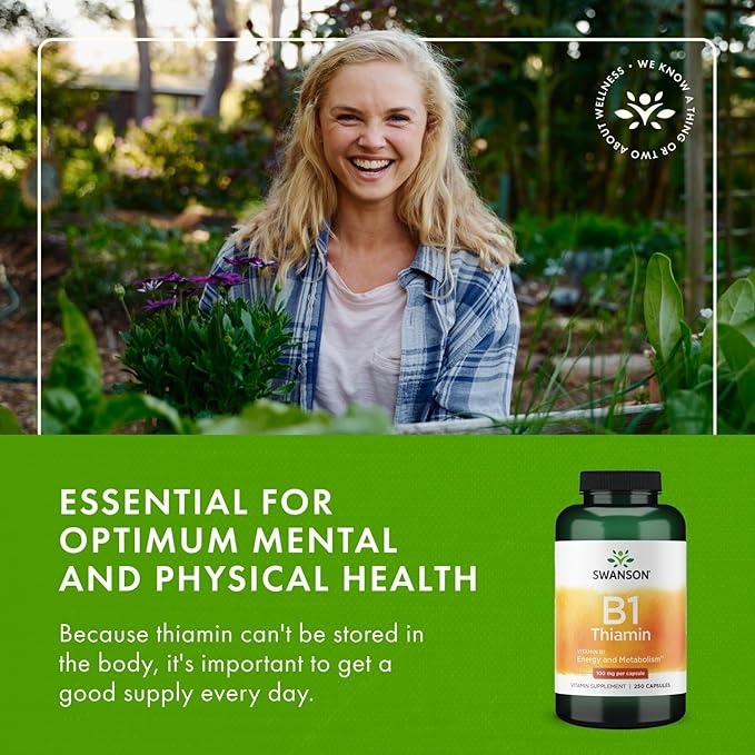 Swanson Vitamin B1 (Thiamin) - Promotes Healthy Metabolism and Provides Energy Support - Natural Vitamin Supplement Supporting Optimum Nerve Cell Function - (250 Capsules, 100mg Each)