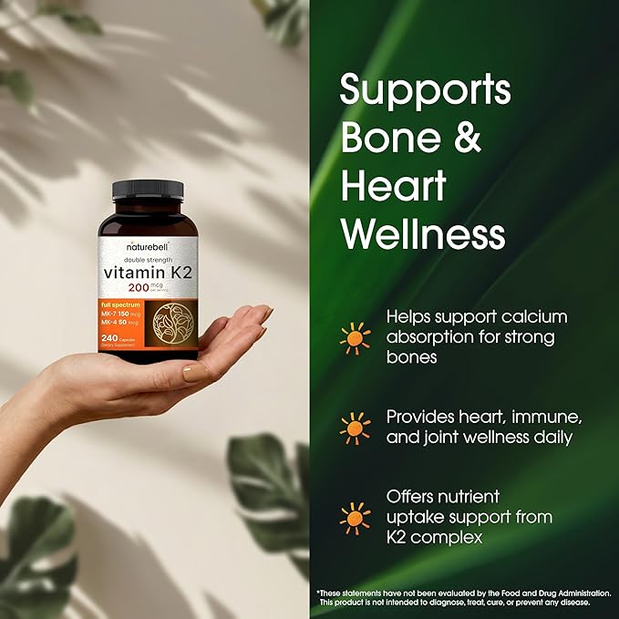 NatureBell Vitamin K2-240 Capsules - 200mcg Double Strength MK-7 & MK-4 Complex - Heart, Bone & Immune Health Support* - Complete K Vitamins Formula