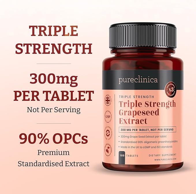 pureclinica Grape Seed Extract 300mg x 180 Tablets - 90% Oligomeric Proanthocyanidins. 300% Stronger Than Regular Grape Seed.