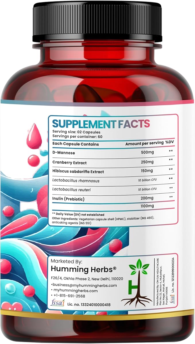 Humming Herbs D-Mannose & Cranberry Complex — with Hibiscus, Inulin Prebiotic & Probiotics (Lactobacillus rhamnosus & L. reuteri) — 120 Capsules (60 Days) — Urinary Tract Health Support