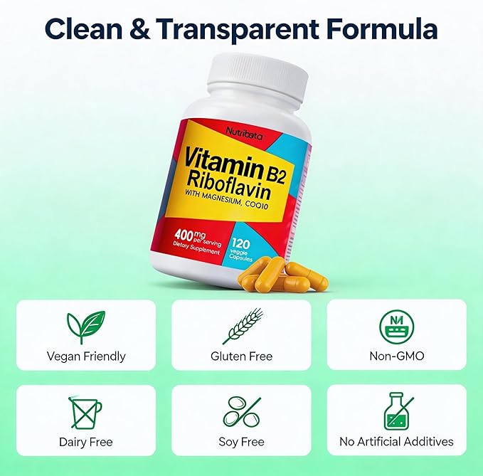 Vitamin B2 Riboflavin 400mg with Magnesium & CoQ10, High Potency Vitamin B2 Supplement for Energy Metabolism & Daily Wellness, 120 Veggie Capsules, 60 Day Supply