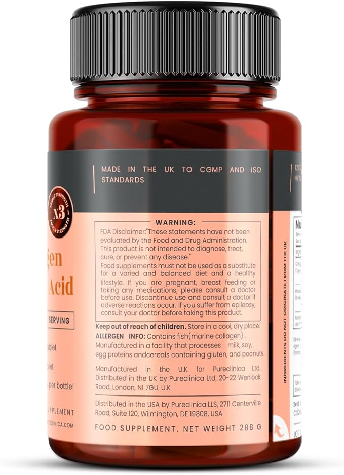 pureclinica UltraColl Collagen & Hyaluronic Acid 1500mg x 360 Tablets (2 Bottles of 180) - 1 Years Supply
