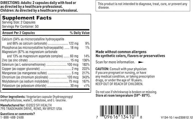 Klaire Labs SFI Health Multi-Mineral Complex Without Iron - Broad Spectrum & Hypoallergenic Essential Trace Mineral Blend with Copper & Zinc, Iron-Free (100 Capsules)