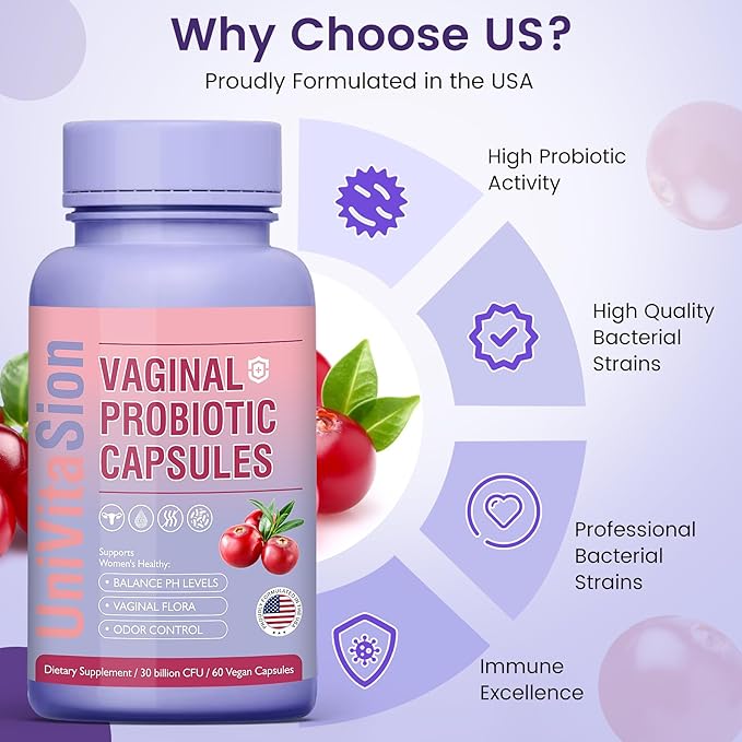 UniVitaSion Vaginal Probiotics for Women pH Balance, Lactobacillus Prebiotic Complex, Cranberry Extract, D-Mannose for Protect Vaginal Health Flora, Vaginal Odor Control - 30 Billion CFU, 60 Capsules