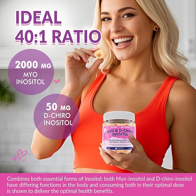 Myo-Inositol & D-Chiro Inositol, Hormone Balance for Women | Sugar Free Inositol Gummies w/ Omega 3, MTHF Folate, Vitamin D3, B12, Magnesium & Zinc for Ovarian Health, Ideal 40:1 Ratio, Vegan, 60 Cts