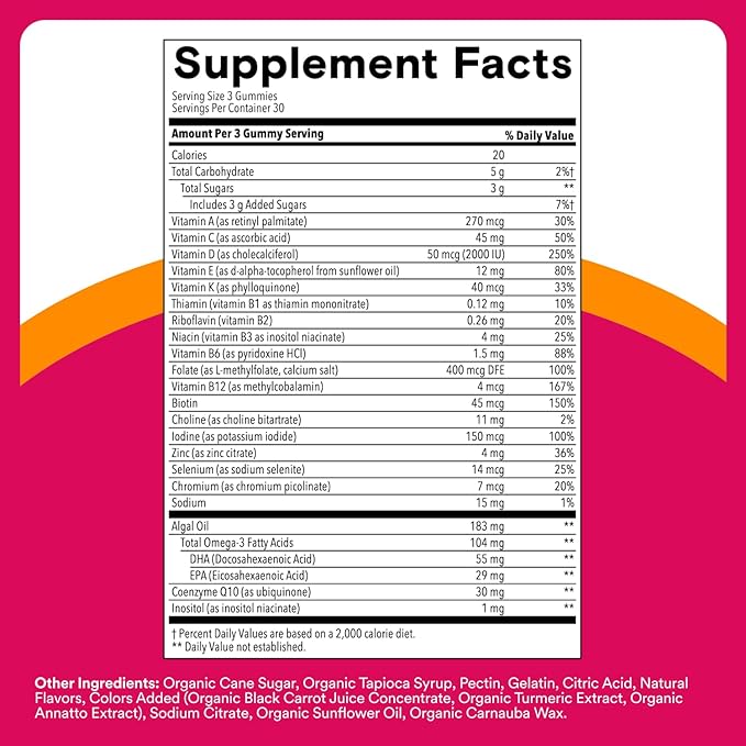 SmartyPants Women's Multivitamin Gummies, Omega 3 DHA/EPA, Methylfolate, CoQ10, Vitamin D3, C, B12, B6, A, K, Zinc, Three Fruit Flavors, 90 Count (30 Day Supply)
