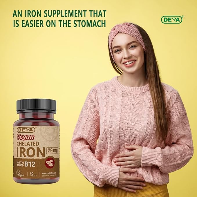 DEVA Nutrition Vegan Chelated Iron 29 mg Fortified with B-12 - High Potency, Easy to Swallow - 90 Tablets, 2-Pack