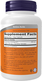 NOW Foods Supplements, L-Carnitine 500mg, Purest Form, Amino Acid, Fitness Support*, 180 Veg Capsules