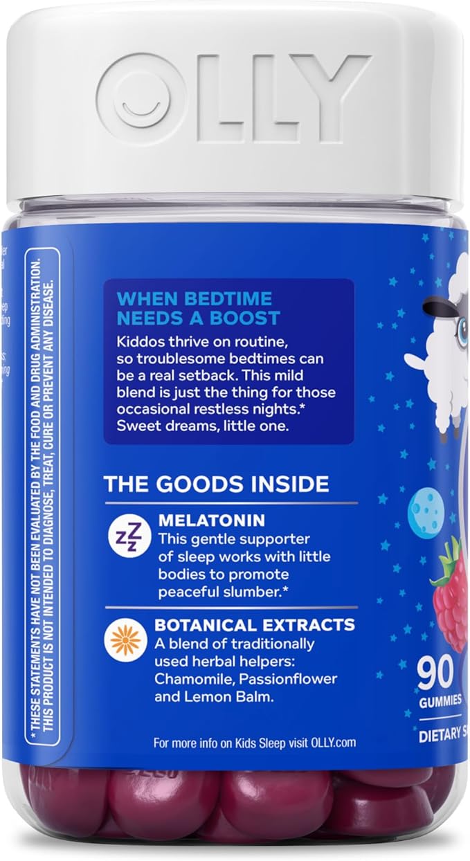 OLLY Kids Sleep Gummy,Occasional Sleep Support,0.5mg Melatonin,L Theanine,Chamomile,and Lemon Balm Extracts,Childrens Chewable Supplement,Raspberry Flavor -,90 Count (Pack of 2)