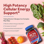 Doctor's Recipes Iron Supplement for Women, 65 mg Iron Bisglycinate, w/Vitamins C, B6, Folic Acid & B12, Beet Root & Spinach, Energy Production & Blood Health, Stomach Friendly, 30 Vegan Capsules