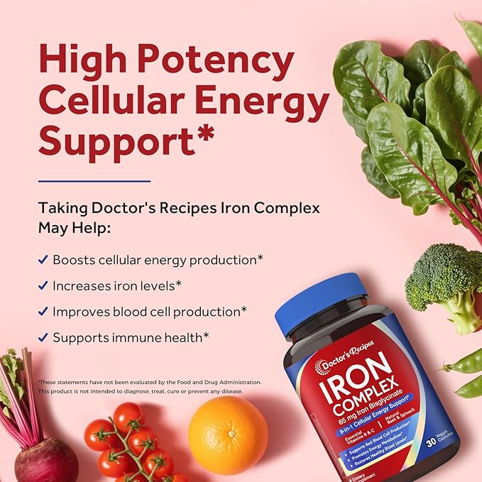 Doctor's Recipes Iron Supplement for Women, 65 mg Iron Bisglycinate, w/Vitamins C, B6, Folic Acid & B12, Beet Root & Spinach, Energy Production & Blood Health, Stomach Friendly, 30 Vegan Capsules