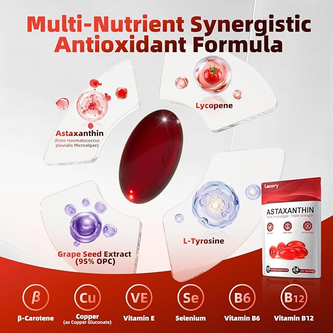 Astaxanthin 24mg, 180 Softgels | 6 Month Supply of Premium Antioxidant | Triple Strength for Eye, Immune, Skin & Circulation Support | Easy to Swallow, Non-GMO, Soy Free