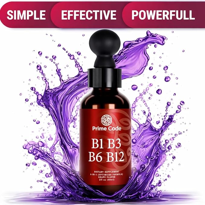Prime Code Liquid Vitamin B1 Drops with Vitamin B3 B6 & B12 | B Complex Liquid Supplement | Thiamine Supplement for Adults | High Absorption | Immune Support | Non-GMO | Gluten-Free