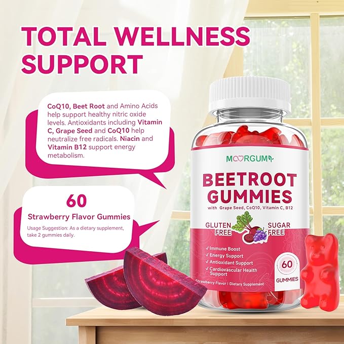 Beetroot Gummies with Grape Seed, Niacin, CoQ10, Vitamin C, B12, L-Citrulline & L-Arginine, Antioxidant Support, Sugar-Free Beet Root Supplement for Women & Men, 120 Count