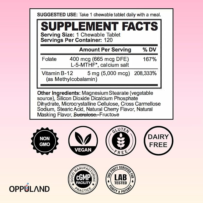 Methyl B-12 5000mcg Chewable with Folate - Vitamin B12 Methylcobalamin Sublingual Tablets - Supports Energy & Brain Function - Vegan Supplement - Cherry Flavor - 120 Count