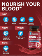 Iron Supplement 65mg, with Vitamin C, D3, B6, B12 & Folate, Spinach, Broccoli, Beet Root, Pumpkin Seeds, Dandelion & Carrots, Blood Building & Energy Support, 90 Tablets