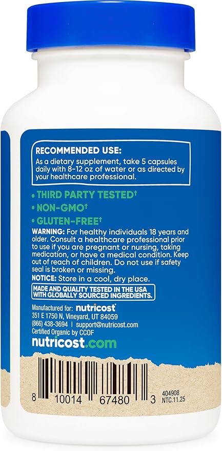 Nutricost Fiber Capsules with Prebiotic Fiber Supplement 150 Capsules - CCOF Certified Supplement, Made with Organic Psyllium Husk & Organic Jerusalem Artichoke, Gluten Free, 3 G Per Serving