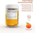 BeLive Organic Omega 3 Gummies - 180 Ct I Vegan Omegas 3 6 7 & 9 from Flaxseed Oil & Sea Buckthorn Fruit Oil, for Kids & Adults, Full Body, Brain & Eye Support, Sugar Free – Peach Flavor